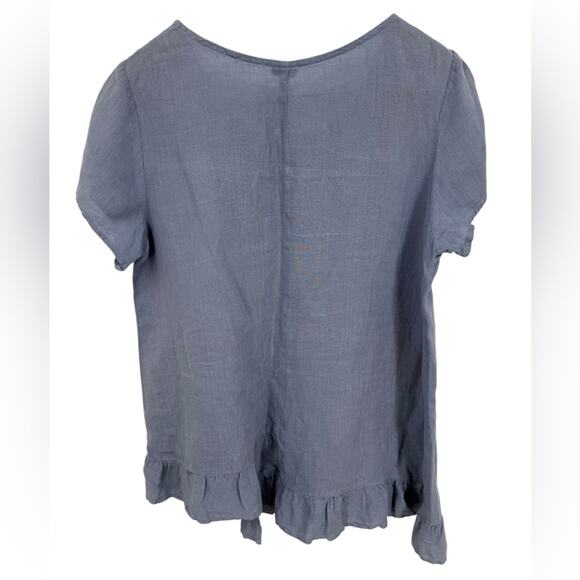 Et Lois Blue Ruffle Asymmetrical Hem Women's 100% Linen Top Size Large - Picture 3 of 4